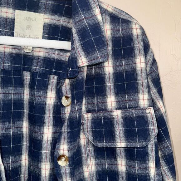 Japna Plaid Collection Size Medium Blue Plaid Heavy weight 100% Cotton Button Up - Picture 3 of 6